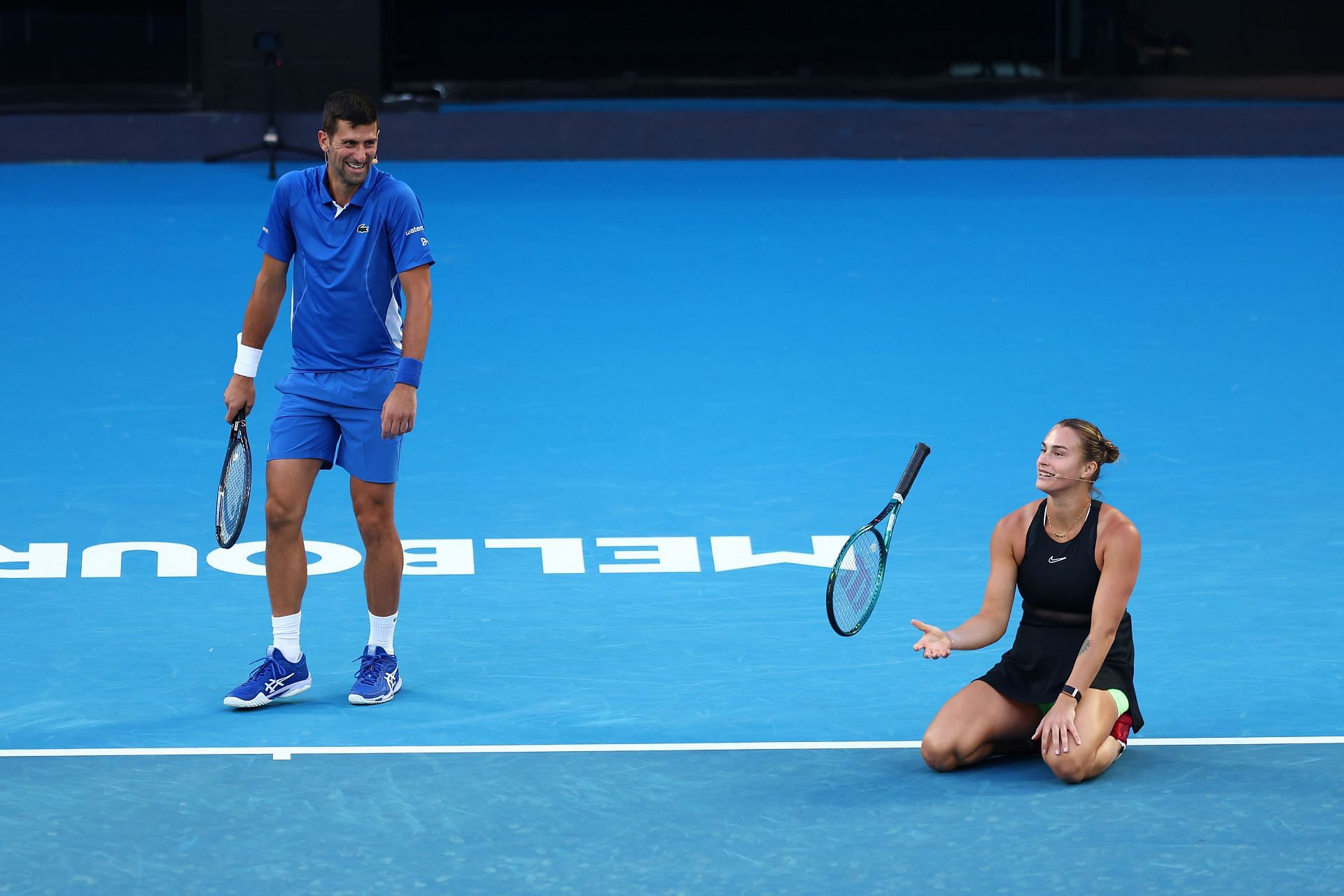 Novak Djokovic and Aryna Sabalenka at an exhibition match ahead of 2024 Australian Open