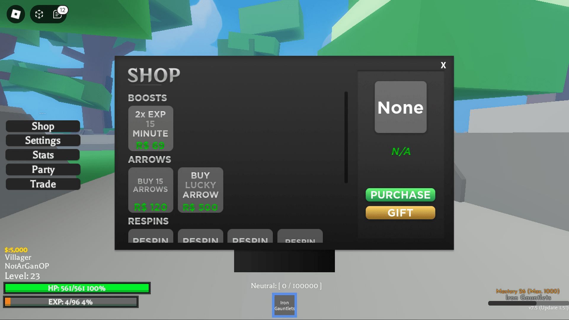 Screenshot of the in-game Shop in Project XL (Roblox || Sportskeeda)