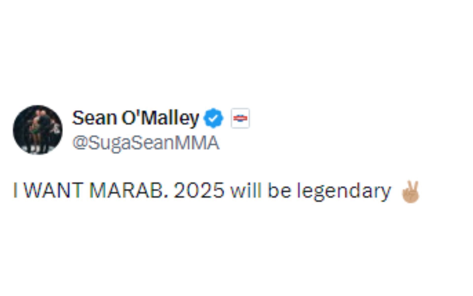 O&#039;Malley&#039;s tweet responding to Dvalishvili [Image courtesy: @SugaSeanMMA - X]