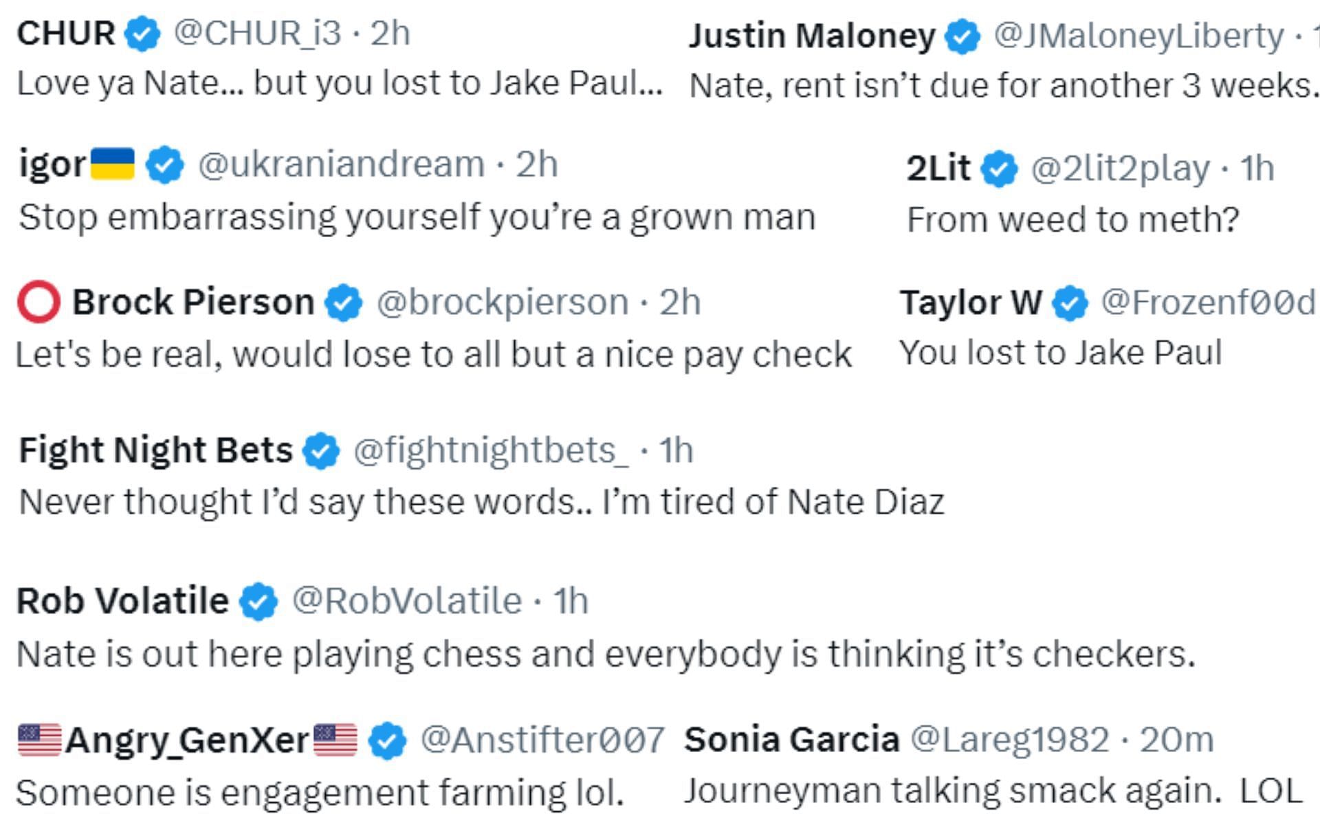 Screenshot of fan reactions to Nate Diaz&#039;s post on X