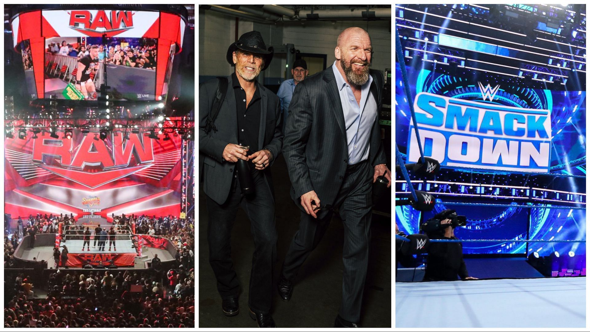 The WWE RAW stage, Triple H and Shawn Michaels arrive backstage, the WWE SmackDown stage