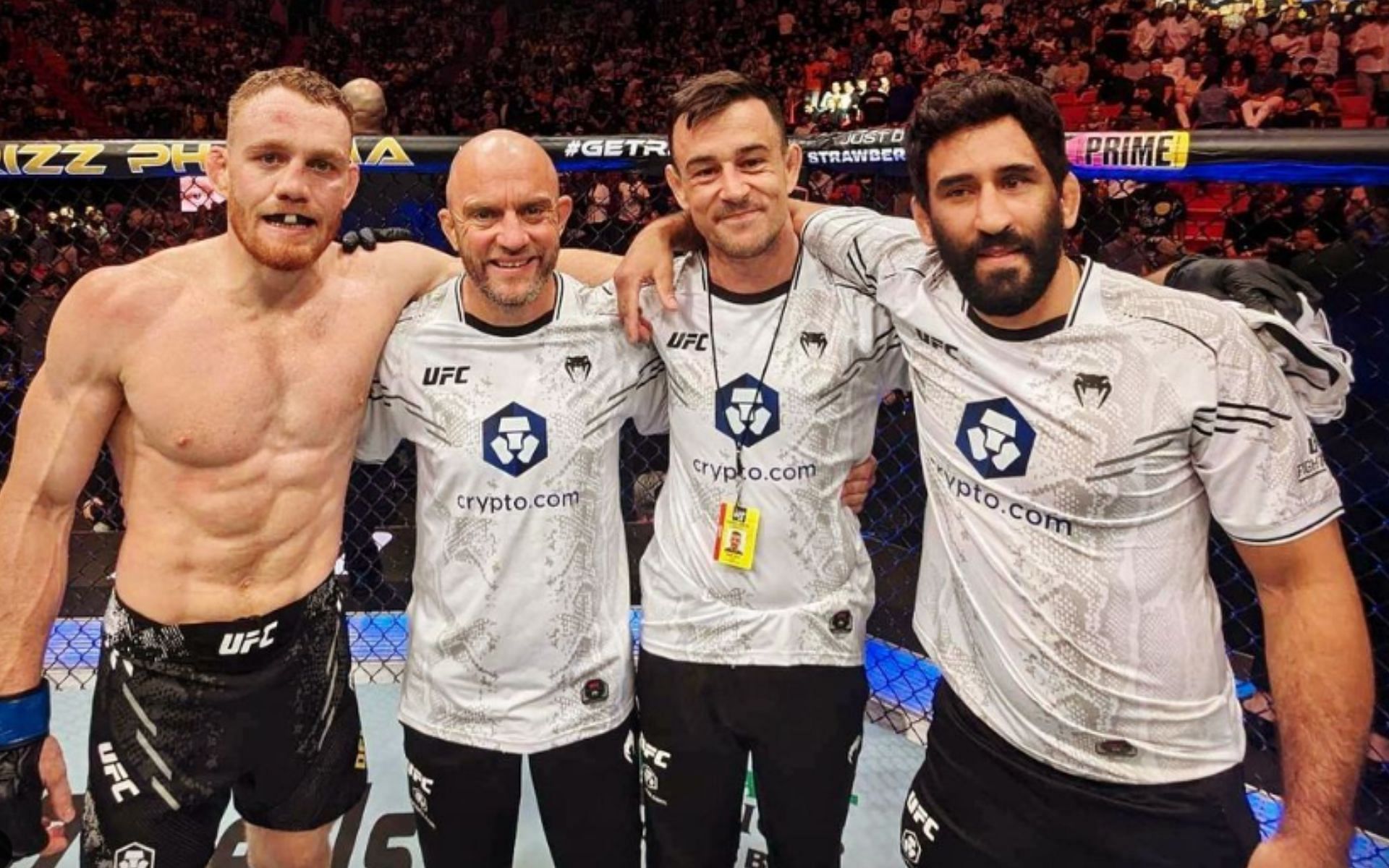 Jack Della Maddalena (left) and his coach Ben Vickers (center left) who says he was assaulted at UFC 299 by a commissioner [Image Courtesy: @scrappy_mma_and_fitness]