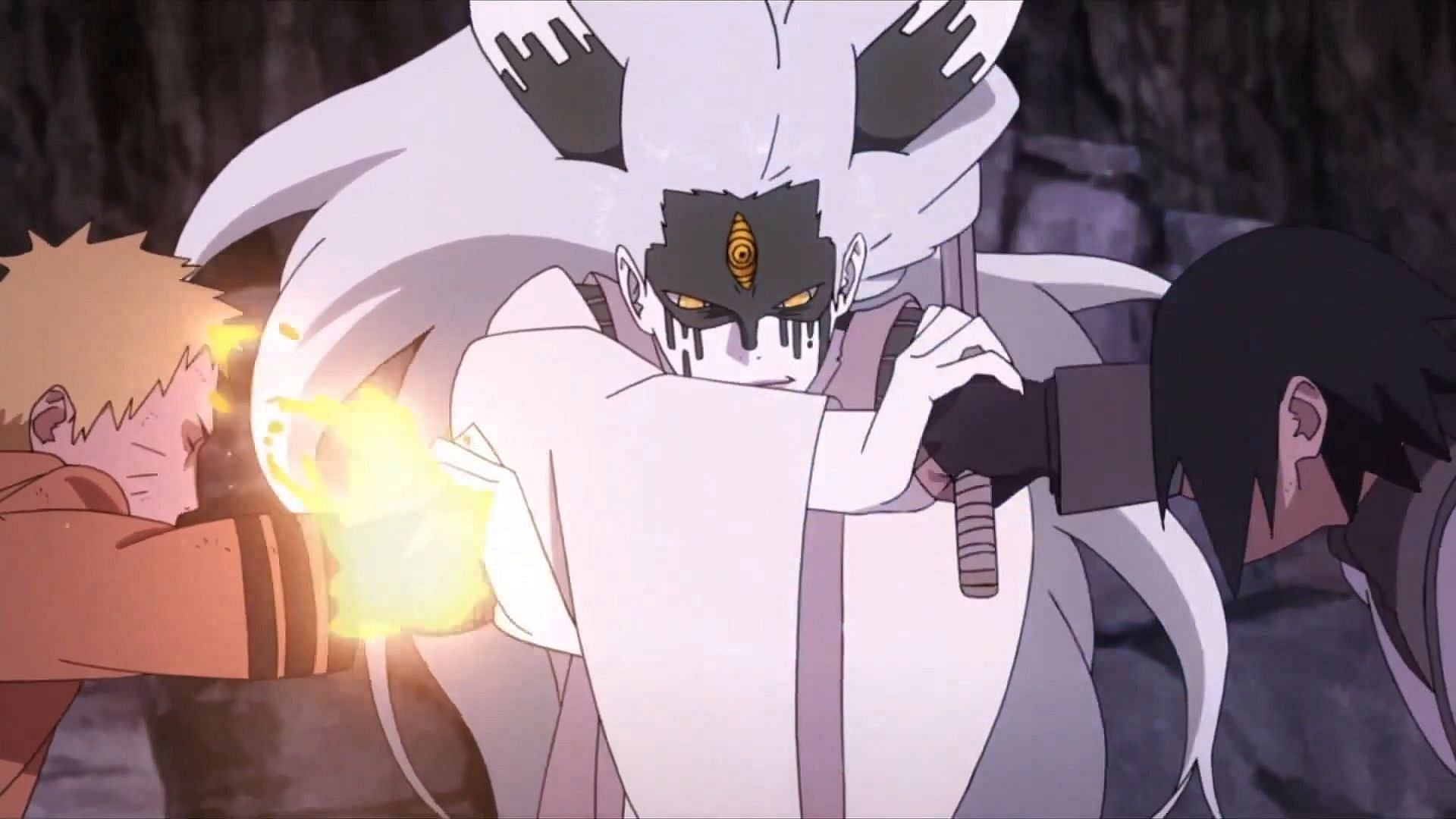 Momoshiki vs Naruto &amp; Sasuke fight in the Boruto anime (Image via Studio Pierrot)