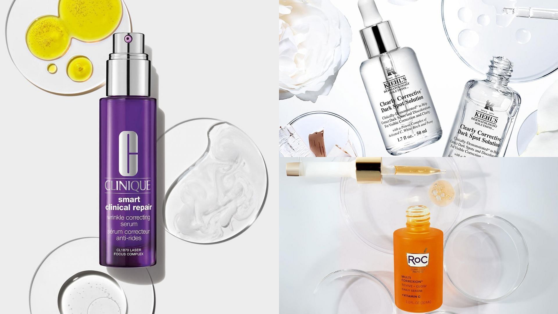 Best corrective serums (Image via @cliniqueusa, @kiehls, @rocskincare/ Instagram)