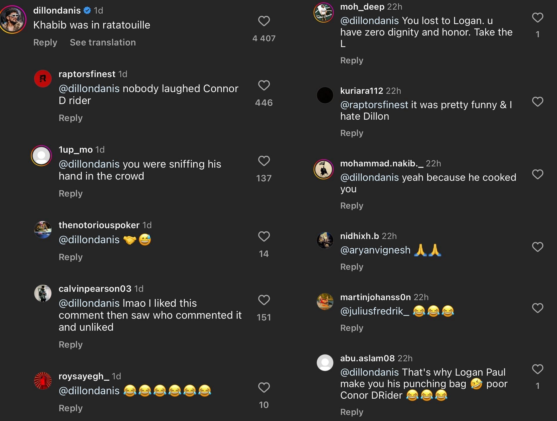 Fan reactions to Dillon Danis&#039; comment