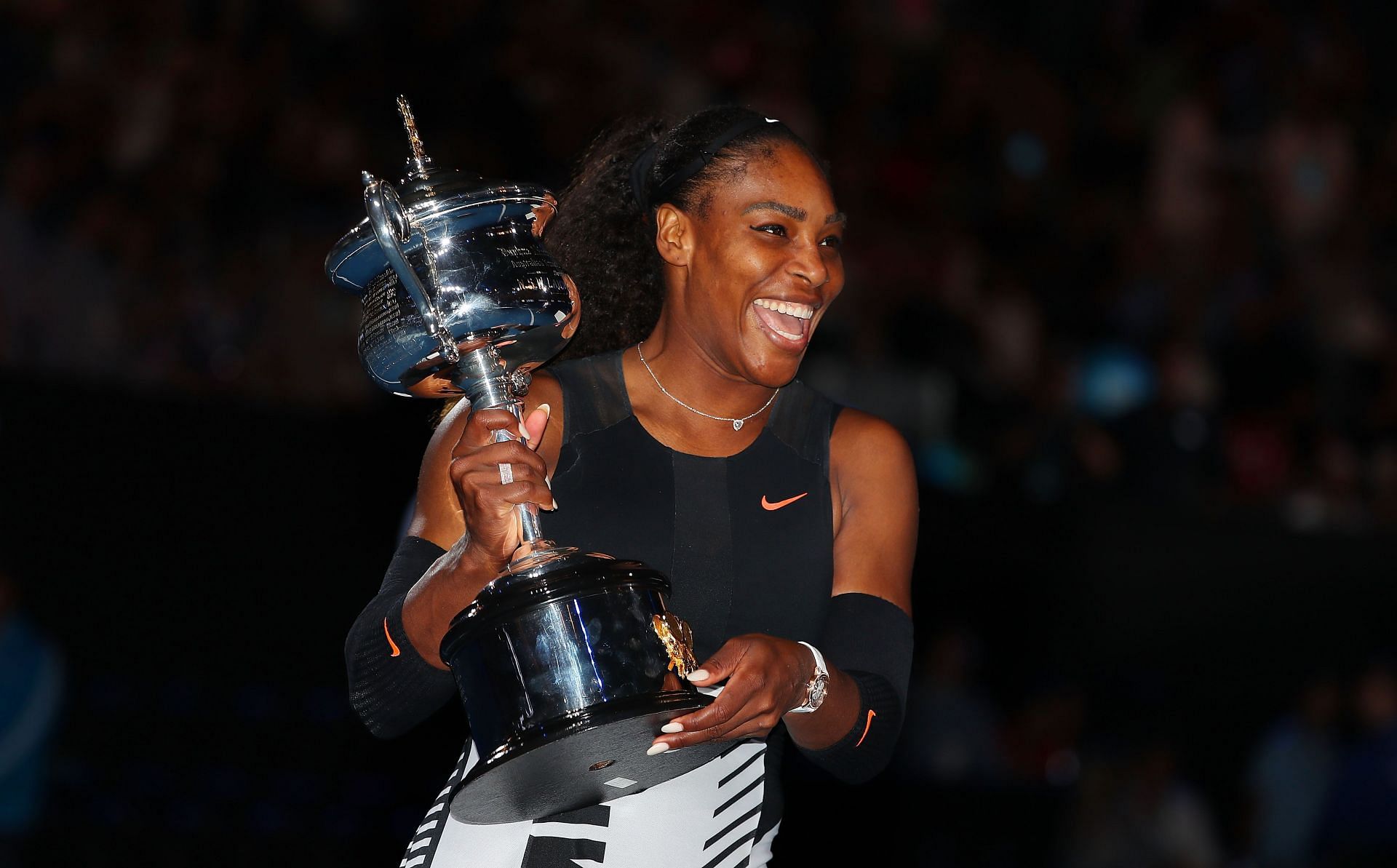 Serena Williams pictured with her final Grand Slam trophy at the 2017 Australian Open