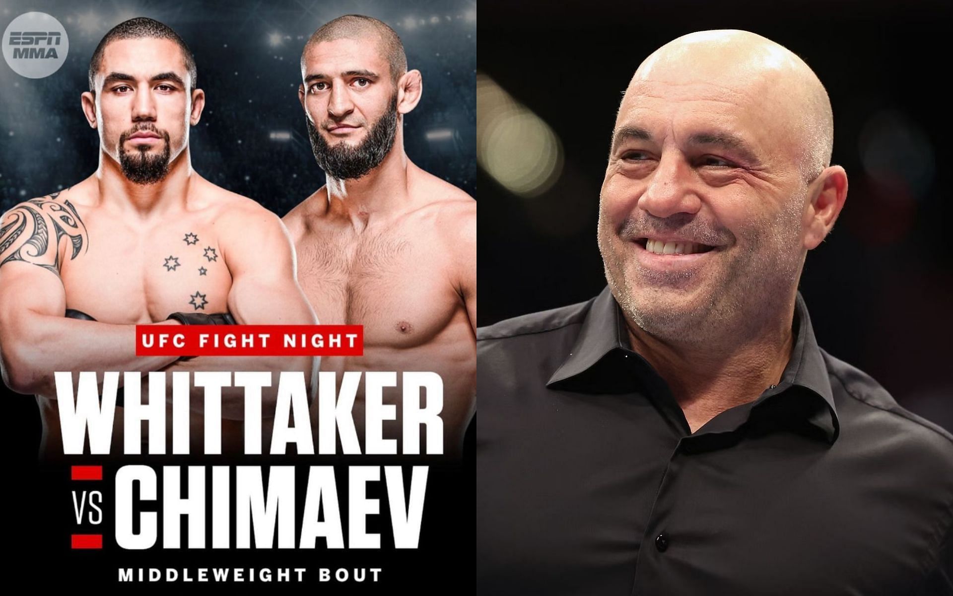 Joe Rogan (right) reacts to Robert Whittaker vs. Khamzat Chimaev (left) set for UFC Saudi Arabia [Images Courtesy: @GettyImages, @robwhittakermma on Instagram]