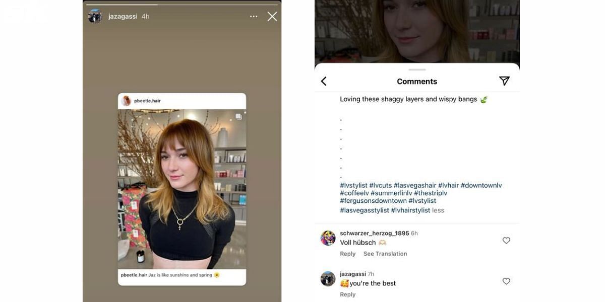 Jaz&#039;s Agassi&#039;s Instagram story and comment on hairstylists&#039; post
