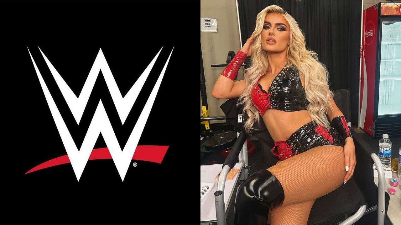 WWE logo (left) and Mariah May (right)