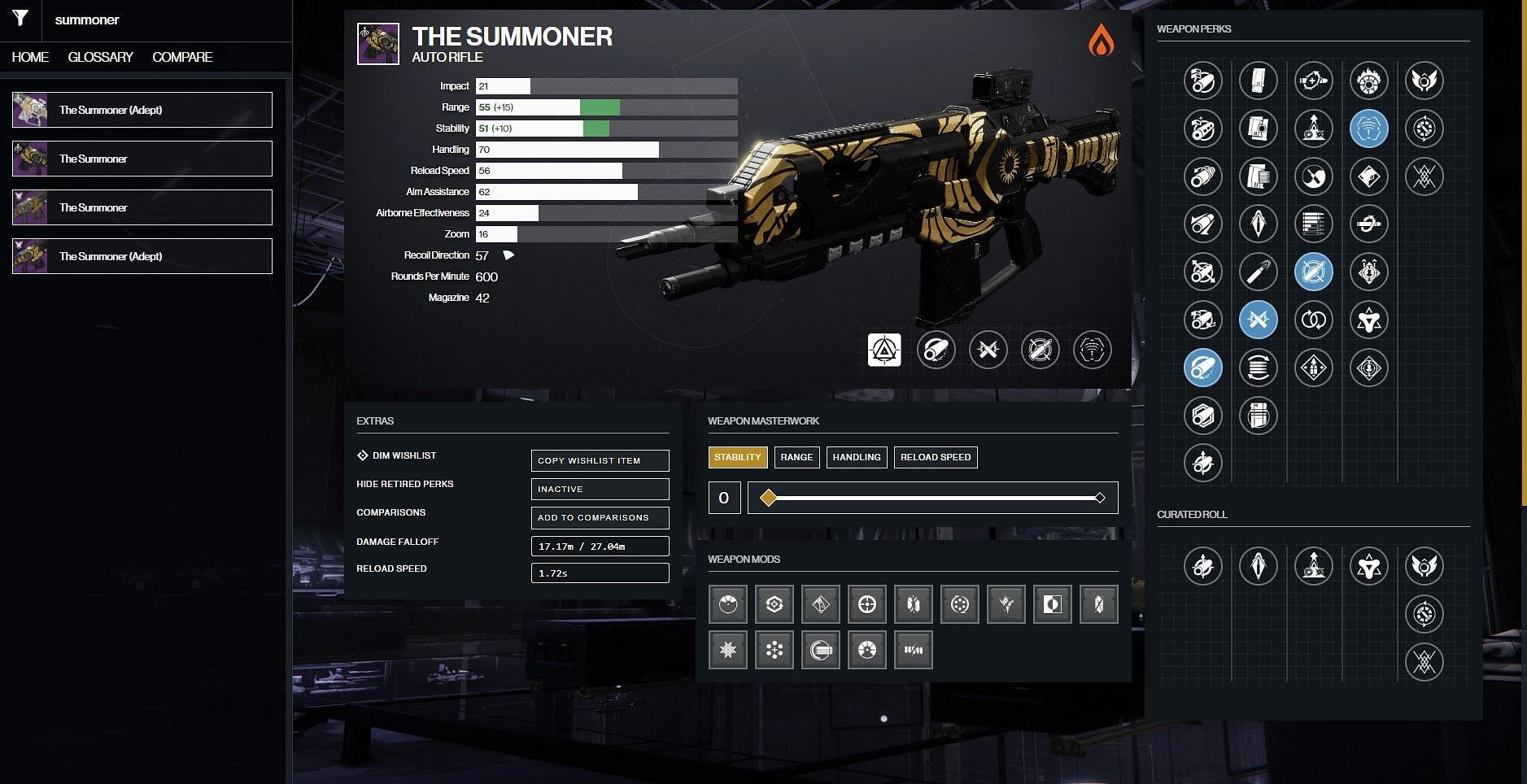 The Summoner PvP god roll (Image via D2Gunsmith)