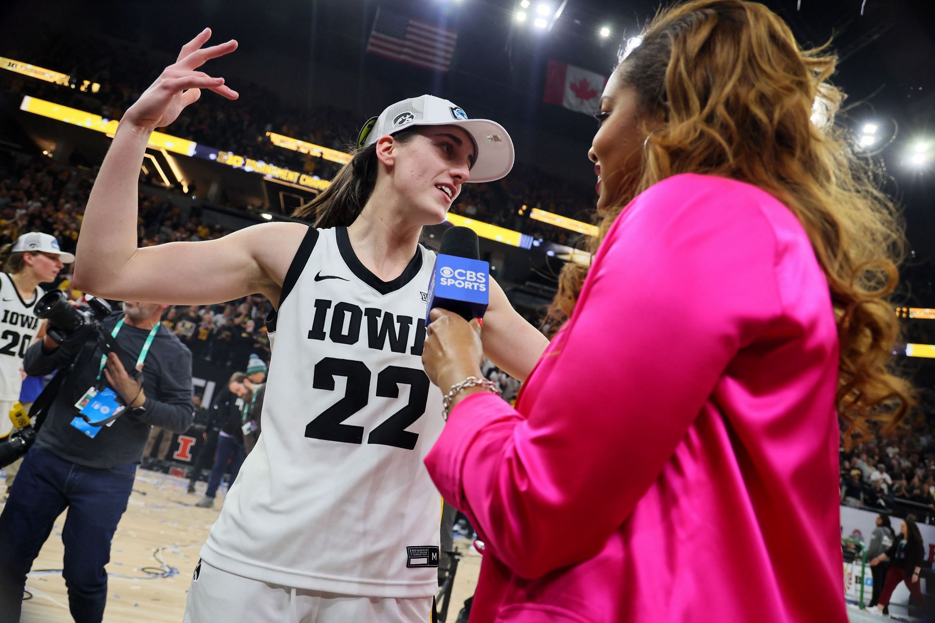 Caitlin Clark of the Iowa Hawkeyes is interviewed after defeating the Nebraska Cornhuskers 94-89 in overtime.