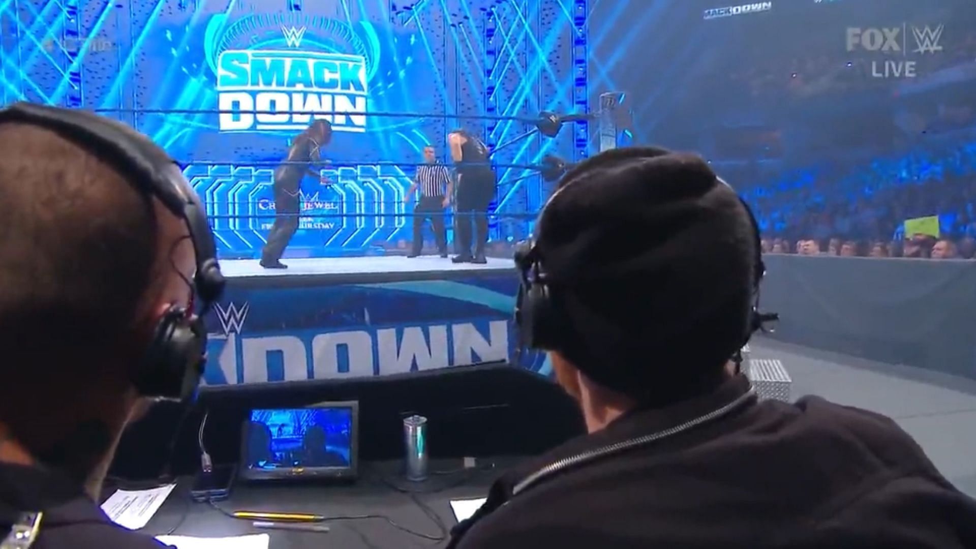 A view from behind the WWE SmackDown commentary table