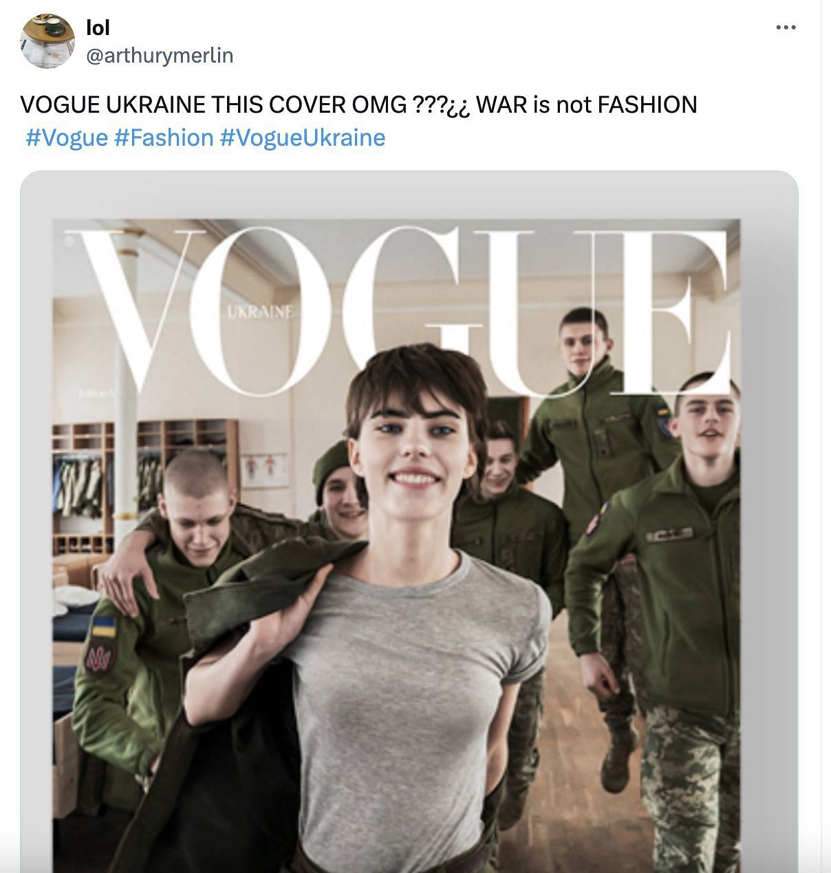 Social media users lashed out at the magazine for their latest cover showing a model dressed as a military personnel. (Image via @arthurymerlin/ X)