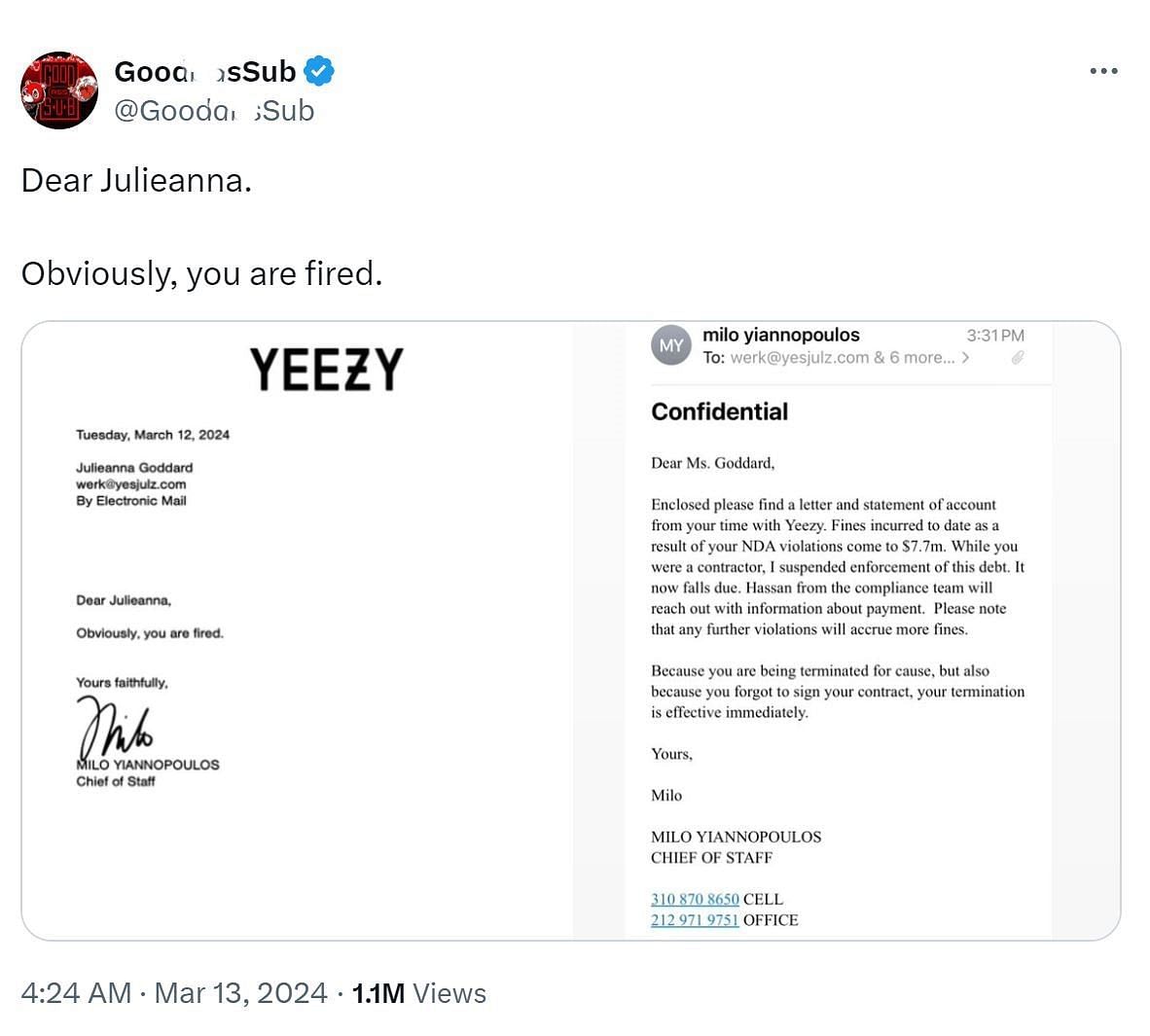 Several fan accounts began posting screenshots of an alleged email that was sent to Julz from Yeezy &#039;Chief of Staff&#039; Milo Yiannopolous. (Image via X/@goodassub)