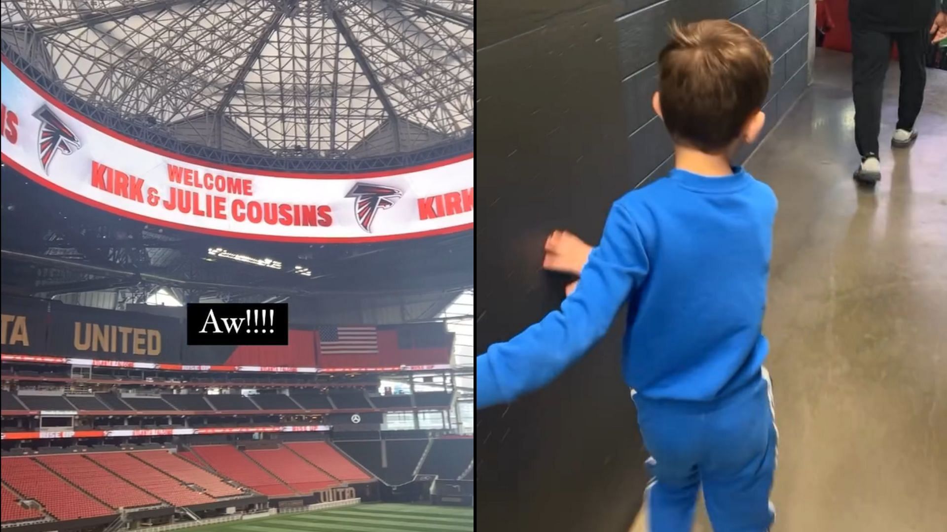 Kirk Cousins and his family viewing the Falcons&#039; welcome banner at Mercedes-Benz Stadium