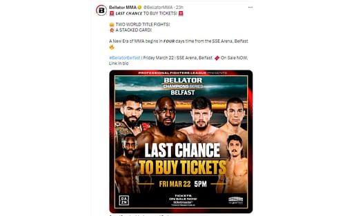 Tweet regarding Bellator Champions Series: Belfast [Image courtesy: @BellatorMMA - X]