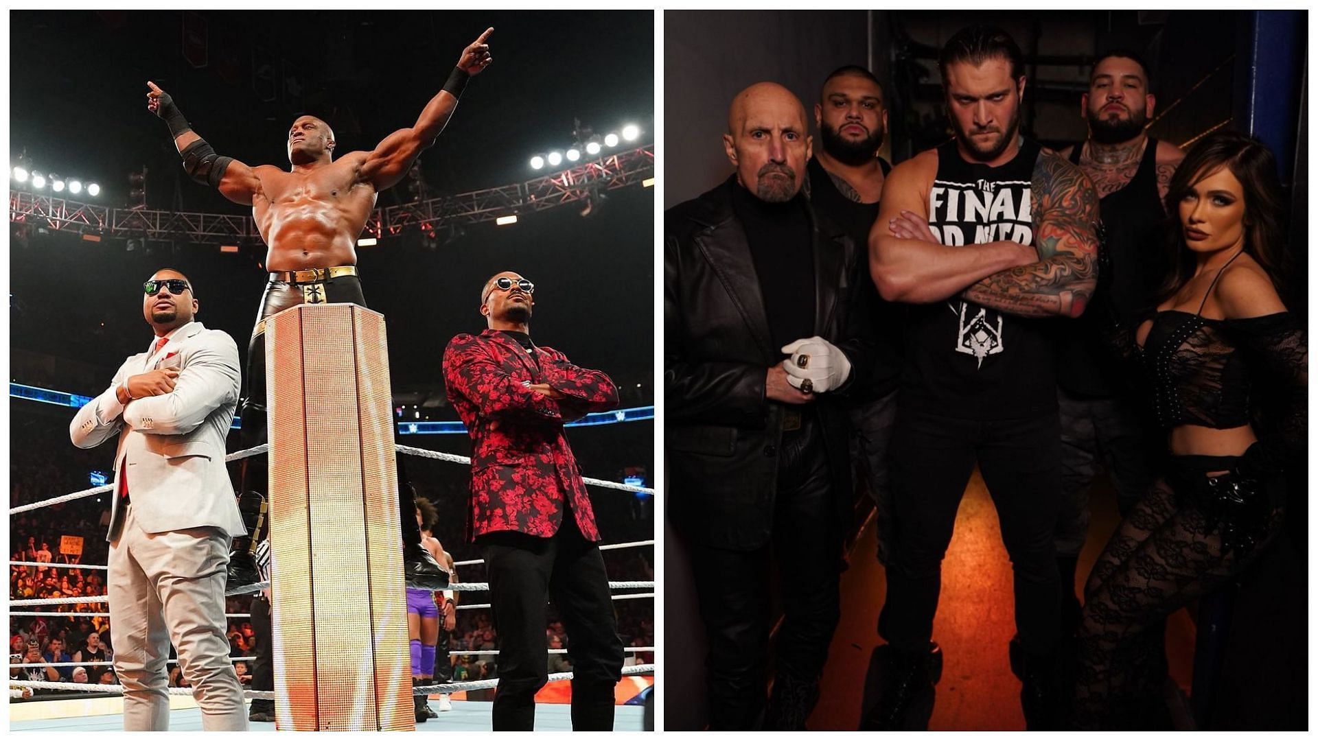Bobby Lashley and The Street Profits (left) and Karrion Kross and The Authors of Pain (right).