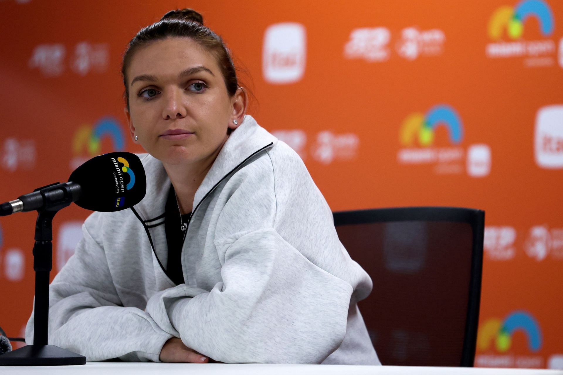 Simona Halep addresses a press conference at the Miami Open 2024.