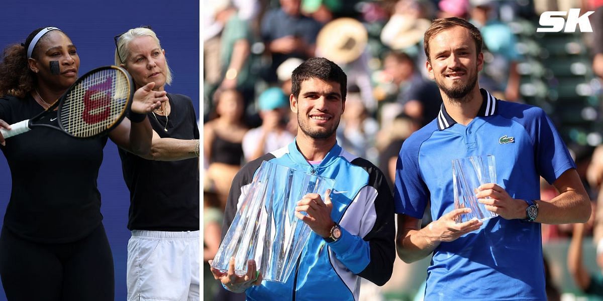 Serena Williams and former coach Rennae Stubbs (L), Carlos Alcaraz and Daniil Medvedev (R)