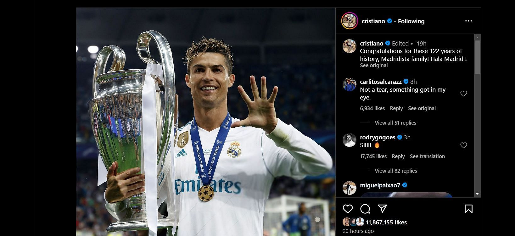 Screenshot of Carlos Alcaraz comment on Cristiano Ronaldo&#039;s Instagram post