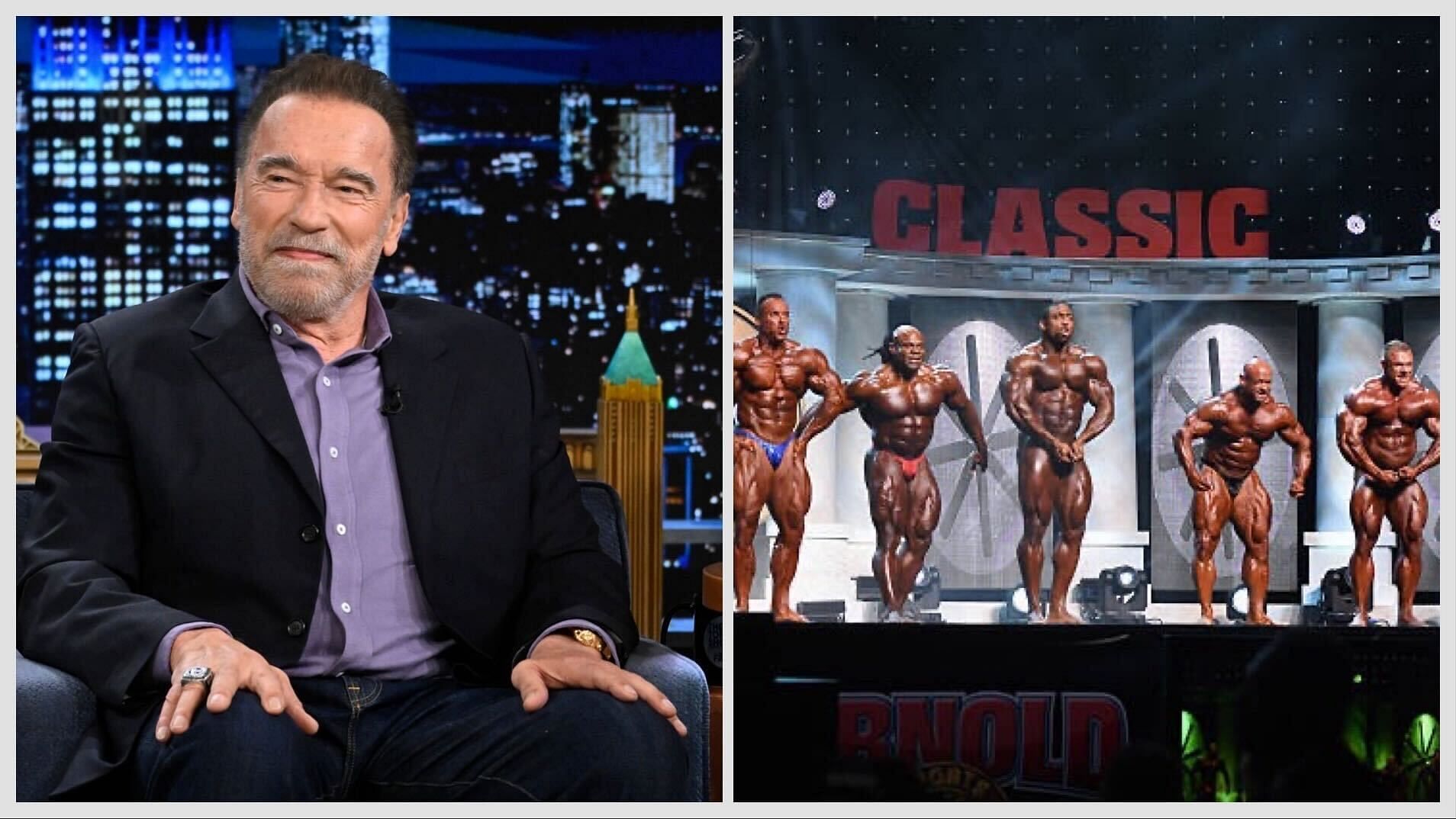 Arnold Schwarzenegger and line-up of bodybuilders (Image via Getty )