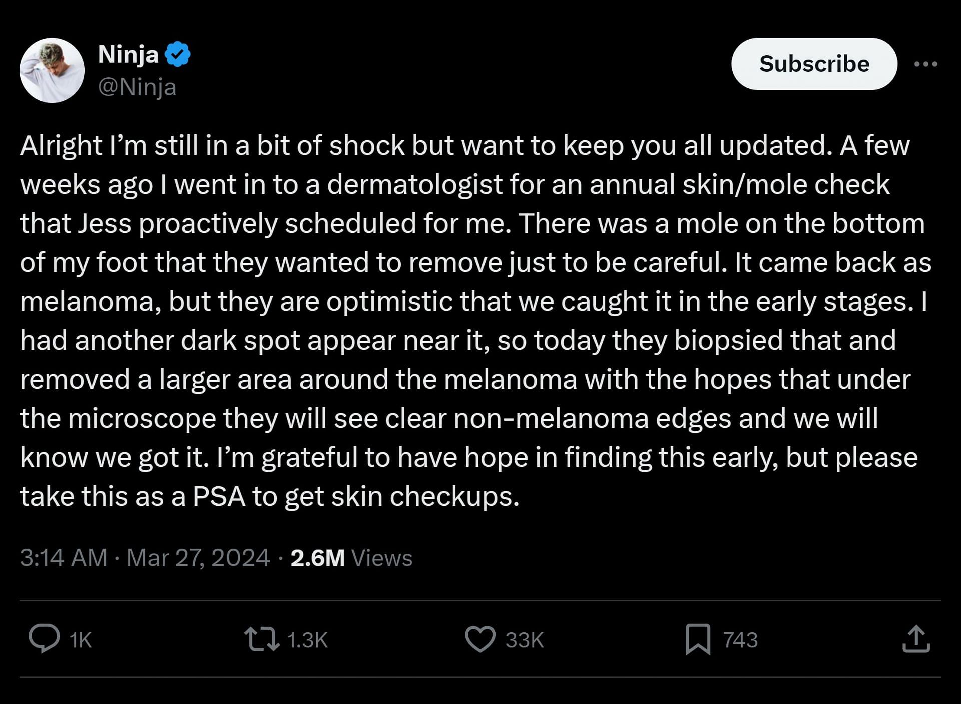 Ninja&#039;s tweet from March 27, 2024, in which he revealed a melanoma diagnosis (Image via X)