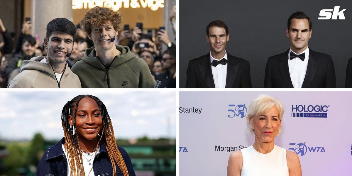 (Top Left to Right) Carlos Alcaraz, Jannik Sinner, Rafael Nadal, Roger Federer, (Bottom Left to Right) Coco Gauff, Chris Evert 