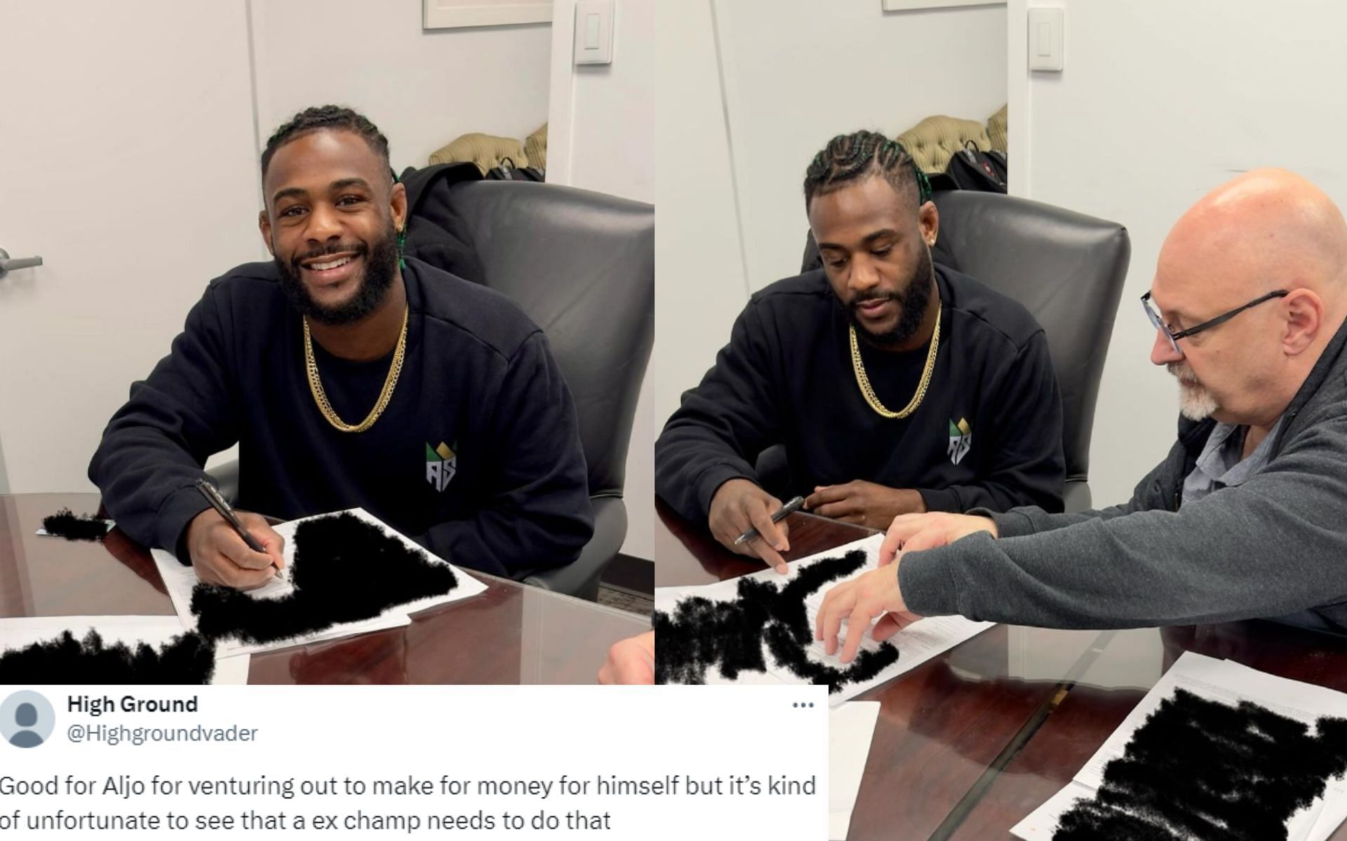 Aljamain Sterling (left and right) serving as a real estate agent surprises fans [Images Courtesy: @funkmastermma on Instagram]
