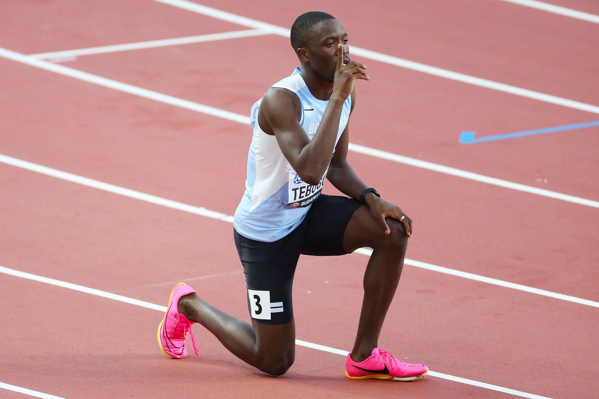 Silver medalist Letsile Tebogo of Team Botswana reacts after competing in the Men&#039;s 100m Final during day two of the World Athletics Championships Budapest 2023 at National Athletics Centre on August 20, 2023 in Budapest, Hungary. (Photo by Steph Chambers/Getty Images)