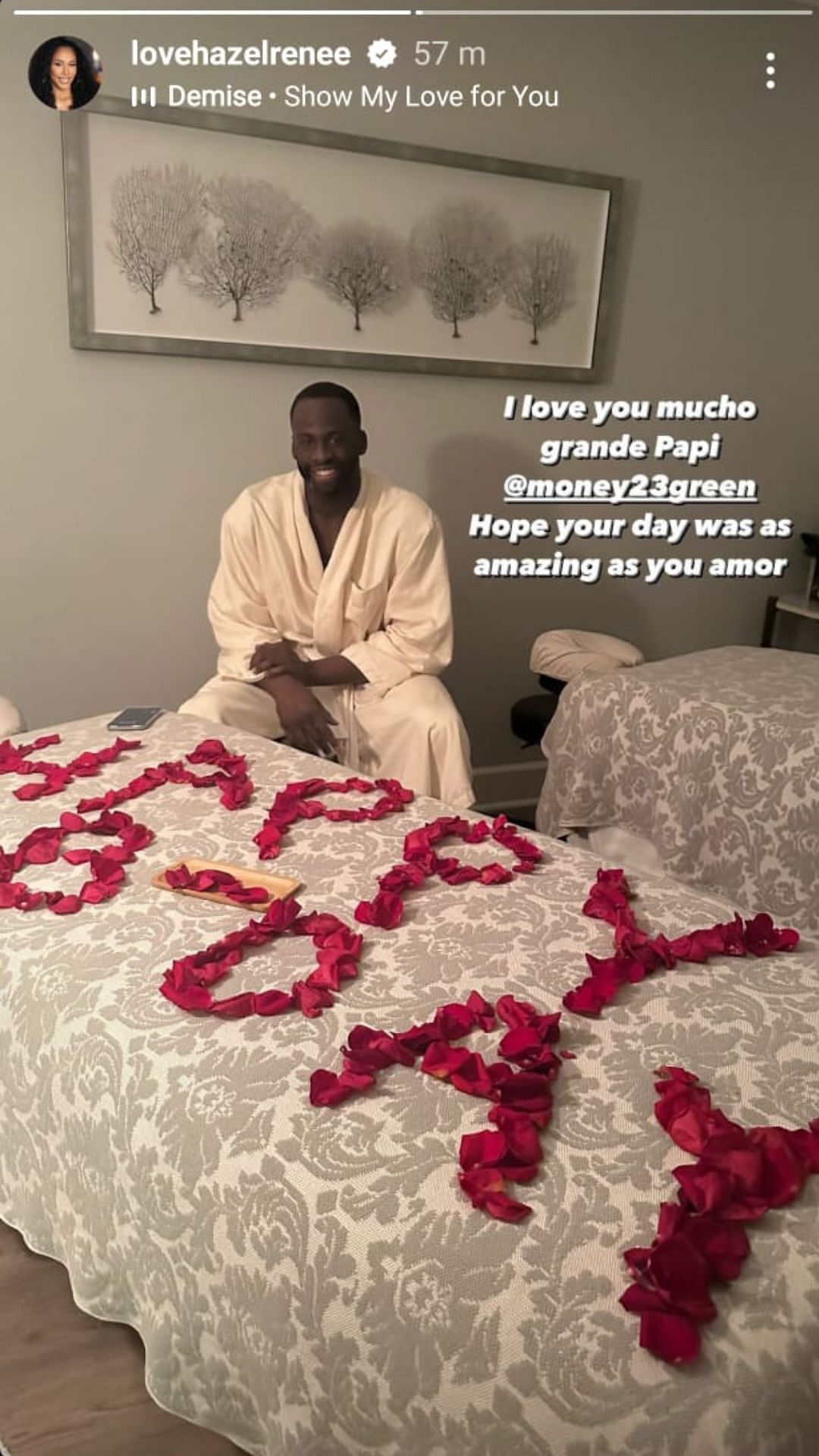 Hazel Renee&#039;s Instagram story featuring Draymond Green and rose petals spelling &#039;Happy B-Day&#039;