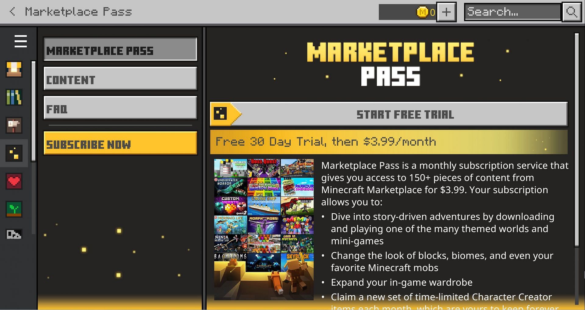The 30-day trial should be plenty of time for gamers to test out the Minecraft Marketplace Pass (Image via Mojang)