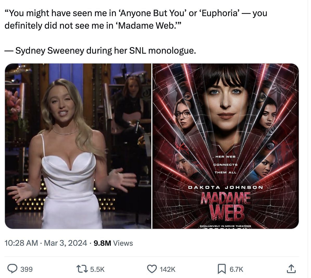 Internet users&#039; reactions explored as Sydney makes fun of her movie, Madame Web as she promotes her upcoming movie on SNL. (Image via @PopBase/ X)