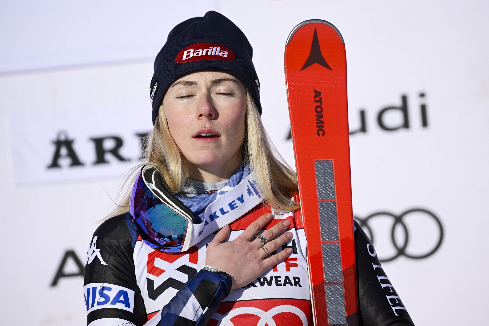 Mikaela Shiffrin takes 1st place during the Audi FIS Alpine Ski World Cup Slalom in Are, Sweden.