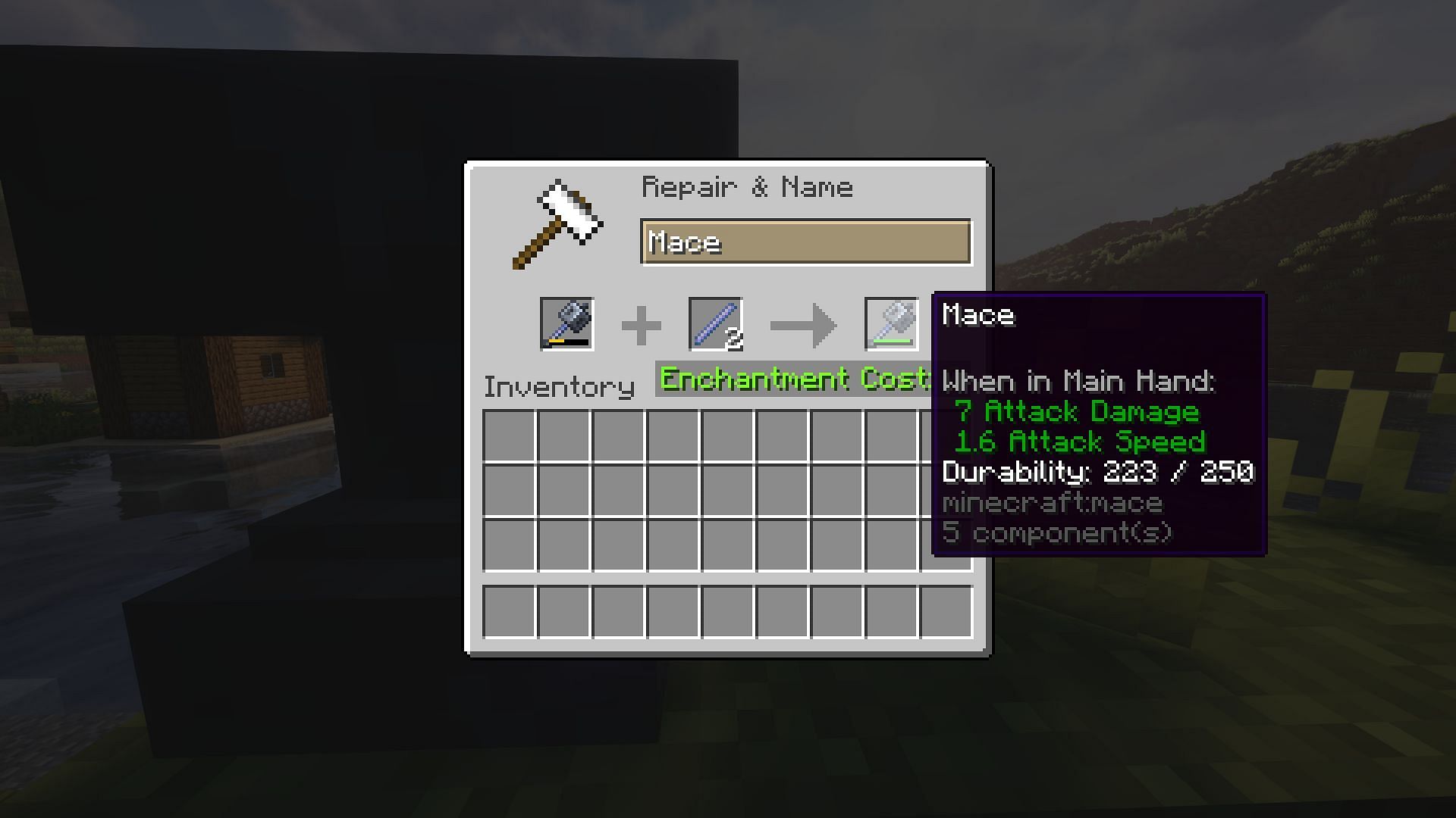Repairing a worn-down mace with breeze rods in Minecraft (Image via Mojang)