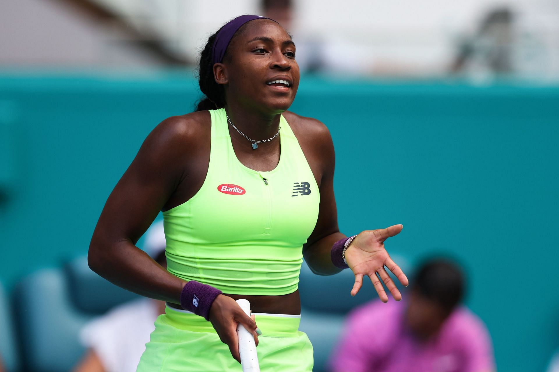 Coco Gauff looks dejected during her fourth-round match at Miami Open