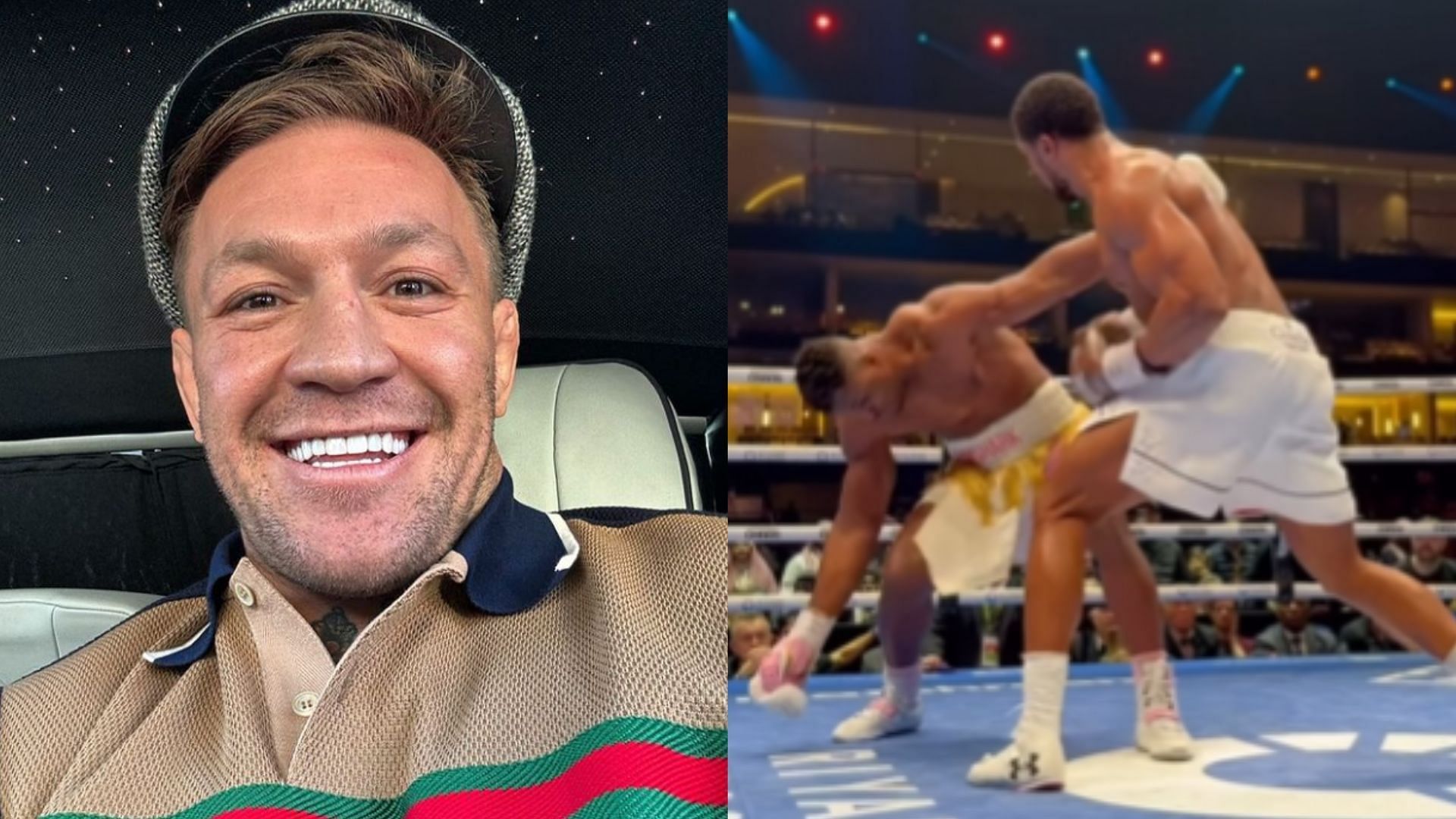 Conor McGregor (left) reacts to Anthony Joshua