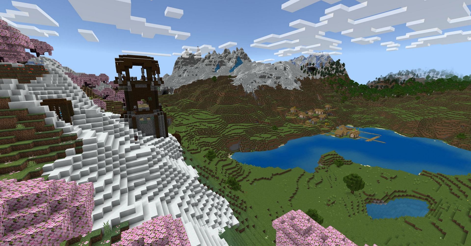 This village and pillager outpost mark the start of an area of cities (Image via Mojang)`