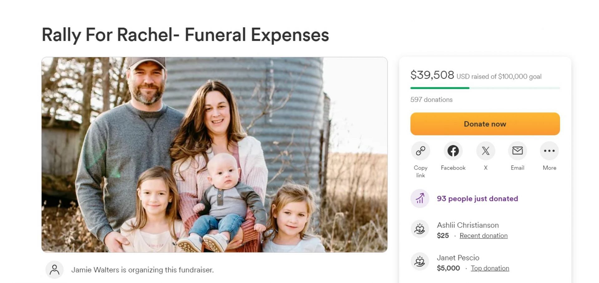 A screenshot of a GoFundMe started for Rachel by her sister-in-law (Image via GoFundMe)