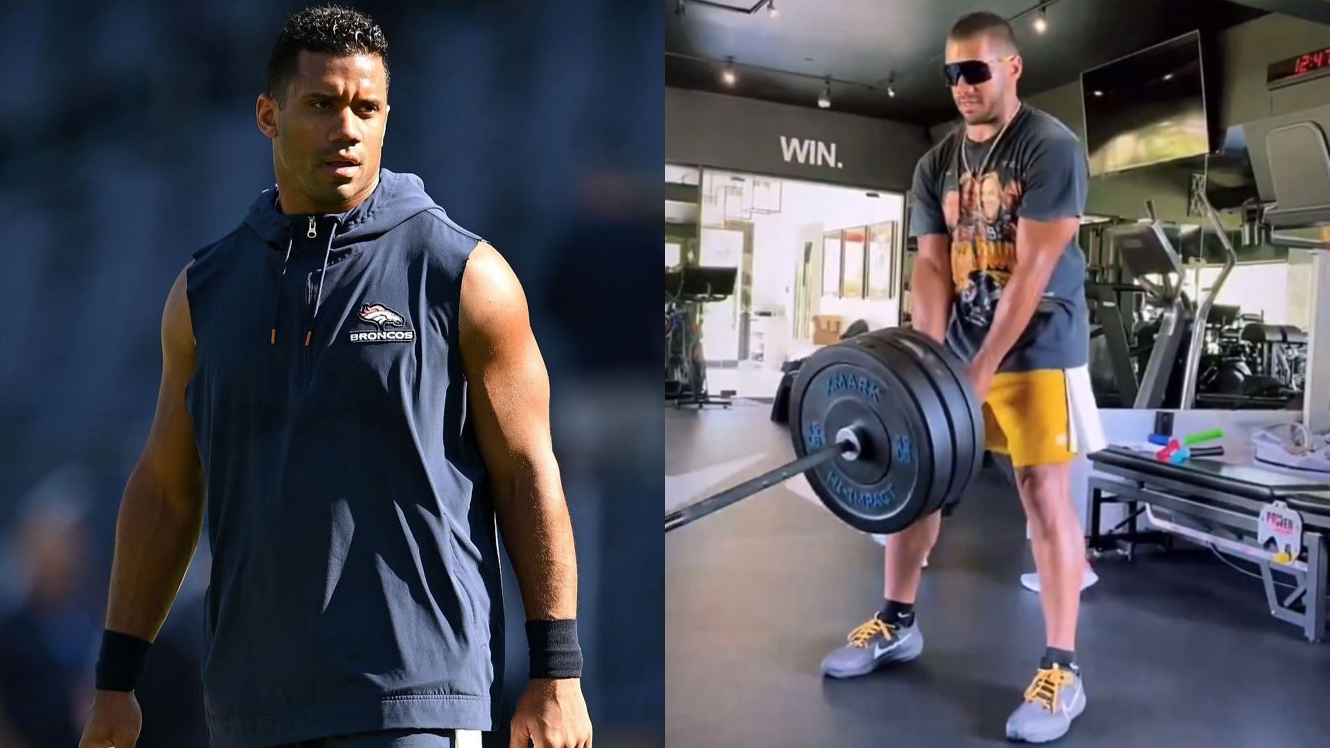 Russell Wilson works out indoors while wearing sunglasses