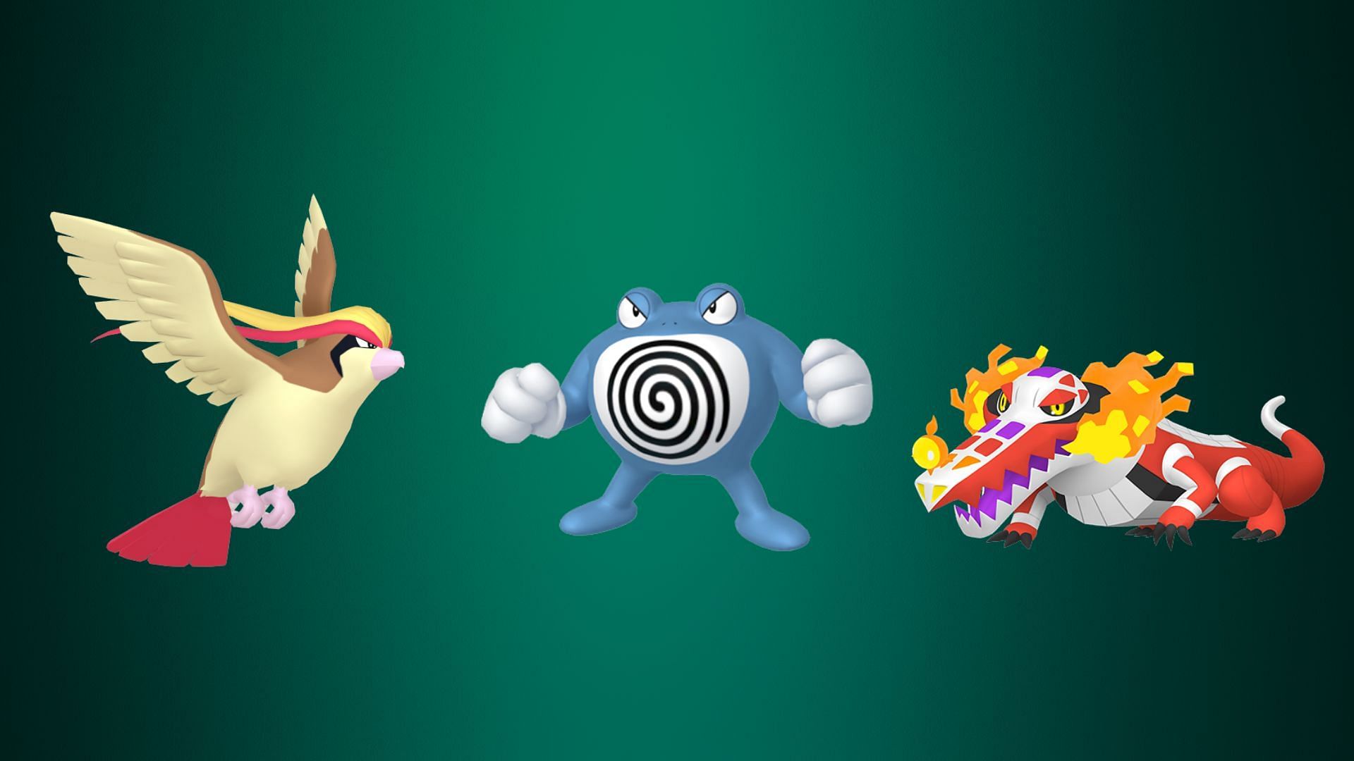 Pidgeot, Poliwrath, and Skeledirge (Image via The Pokemon Company)