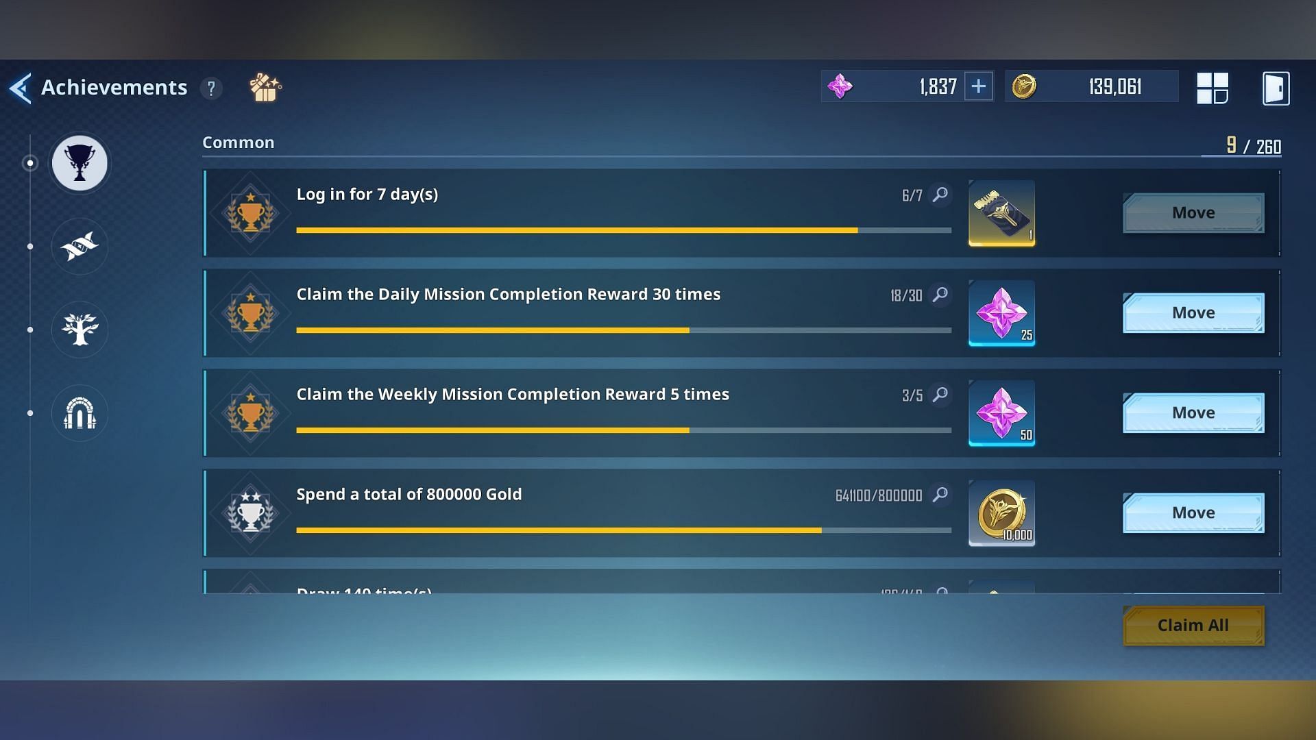 Several missions in Achievements grant Draw Tickets as rewards upon completion (Image via Netmarble)