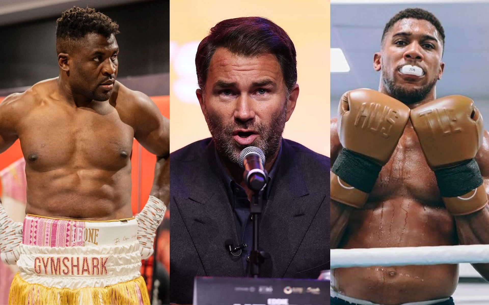 Eddie Hearn (middle) left unimpressed with Francis Ngannou (left) for his accusations of foul play against him and Anthony Joshua (right) [Images Courtesy: @GettyImages, @francisngannou and @anthonyjoshua on Instagram]