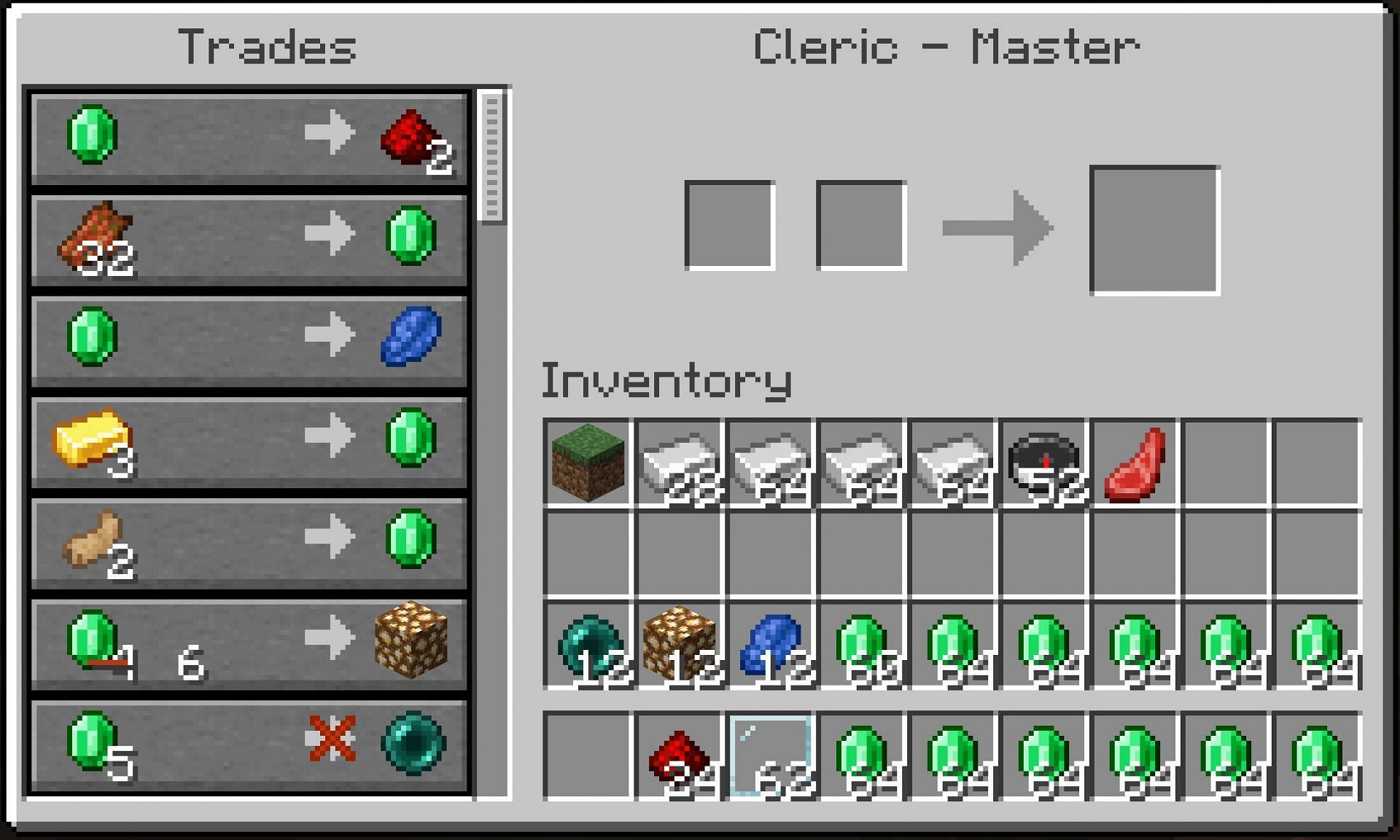Clerics offer a ton of miscellaneous useful items for trade (Image via Mojang)