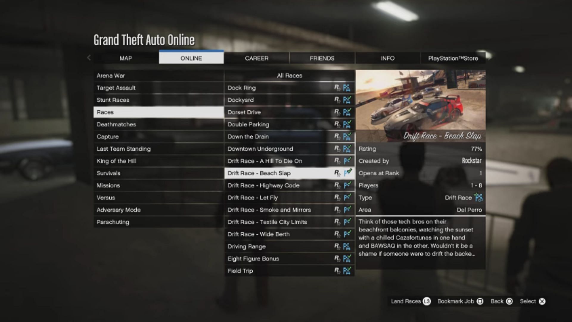 Drift Race can be started from GTA Online&#039;s pause menu (Image via YouTube/ Tylarious)