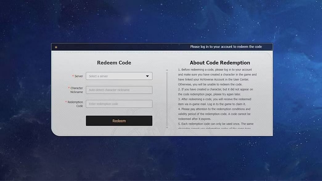 Use the official webpage to redeem codes (Image via HoYoverse)