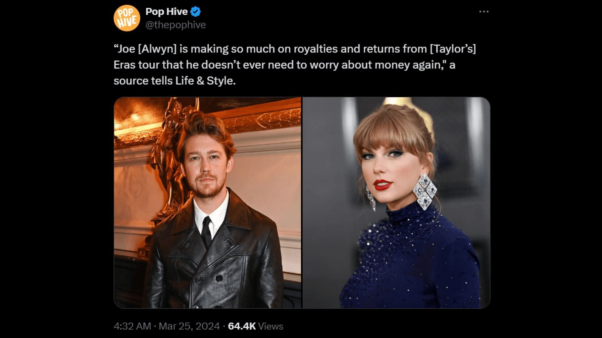 Post claiming Joe Alwyn allegedly earns royalties from streams and sales of Taylor Swift&#039;s songs. (Image via X/ thepophive)