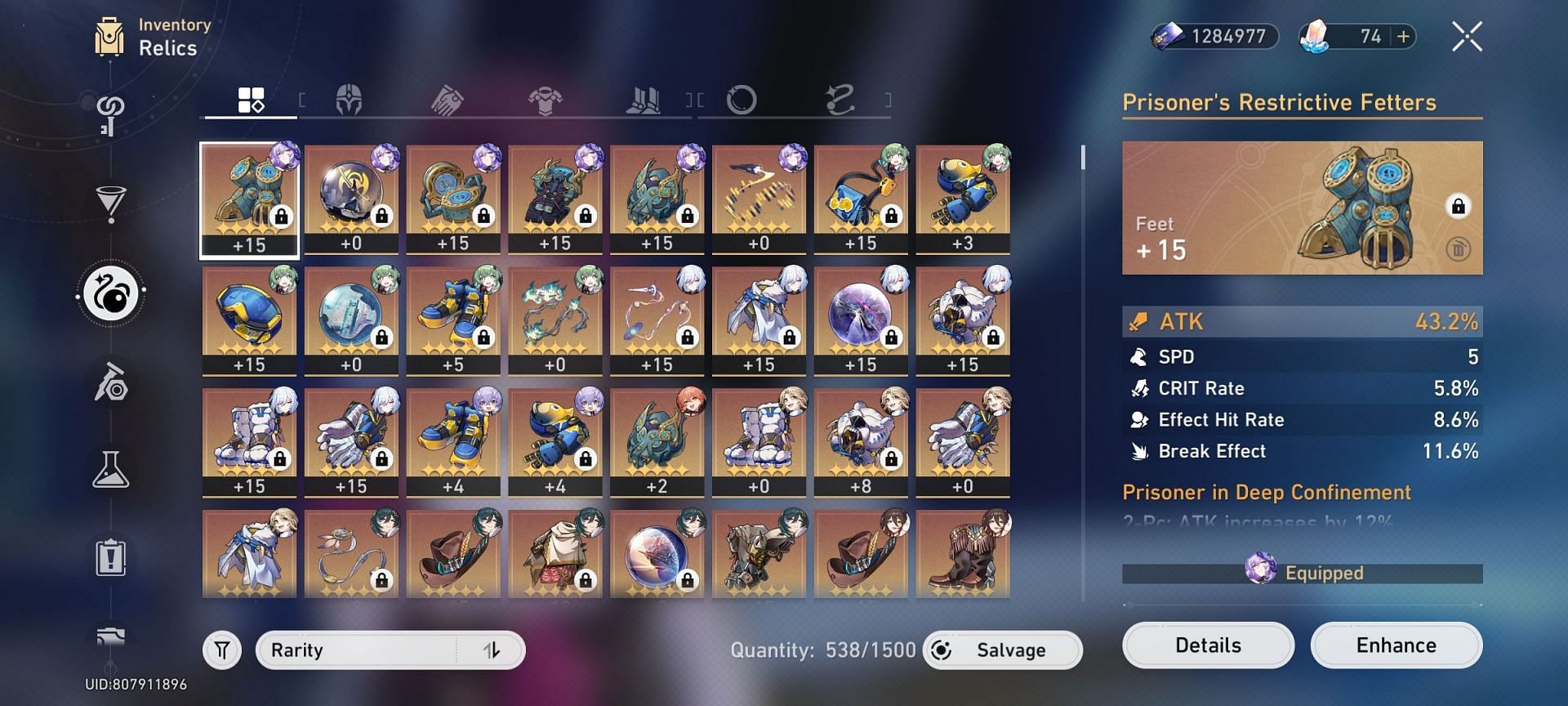 Relic Inventory is expected to get an update in Honkai Star Rai 2.1 (Image via HoYoverse)