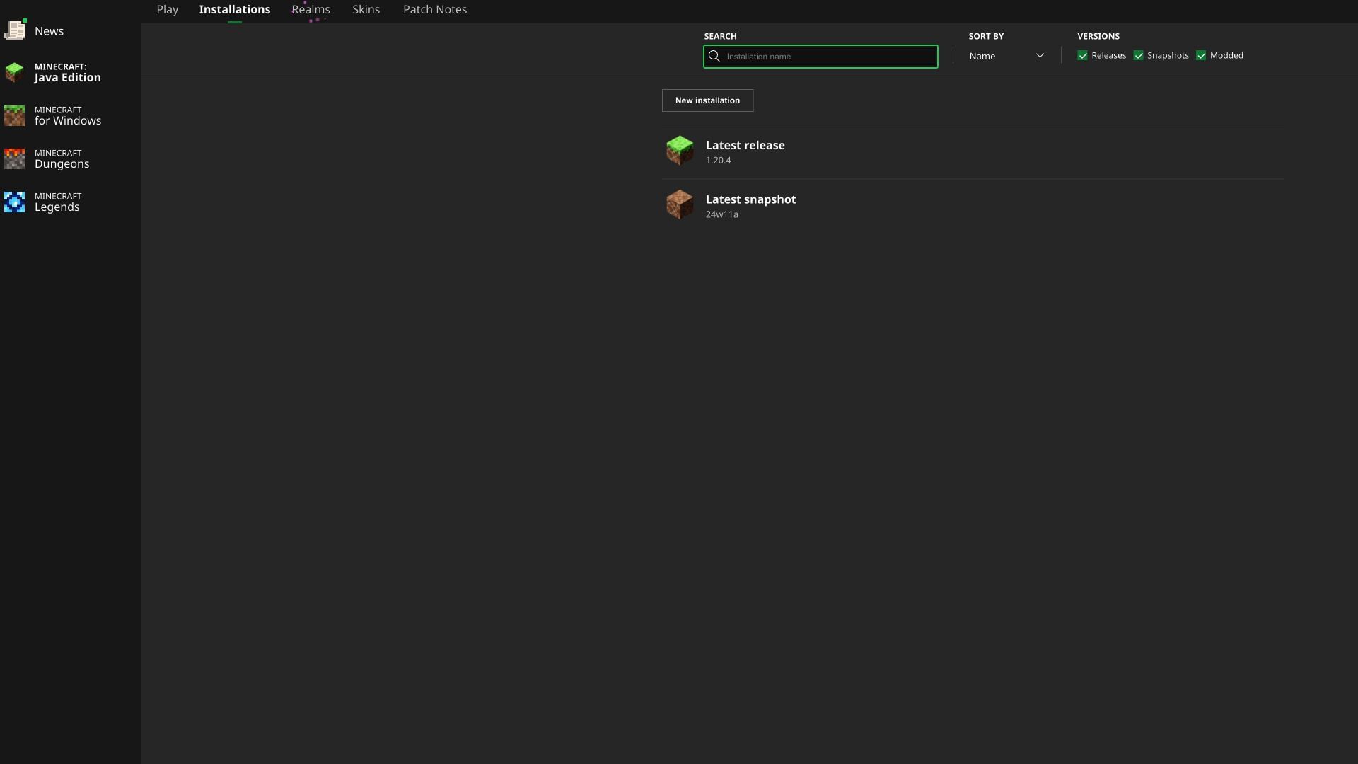 The latest snapshot can be installed from the Installation tab (Image via Mojang Studios)