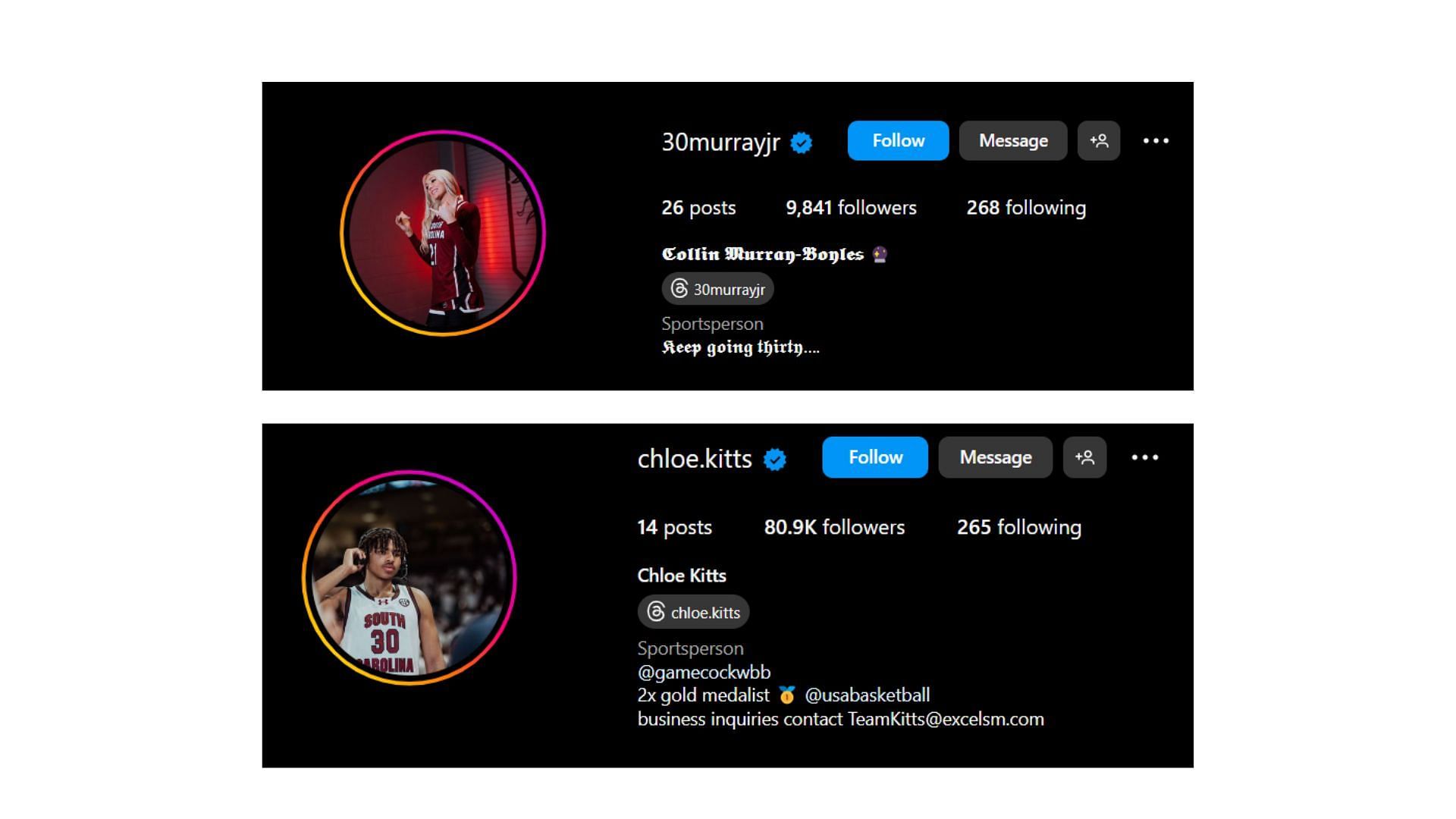 Image Credit: Collin Murray-Byles &amp; Chloe Kitts Instagram Bios as of March 2024.