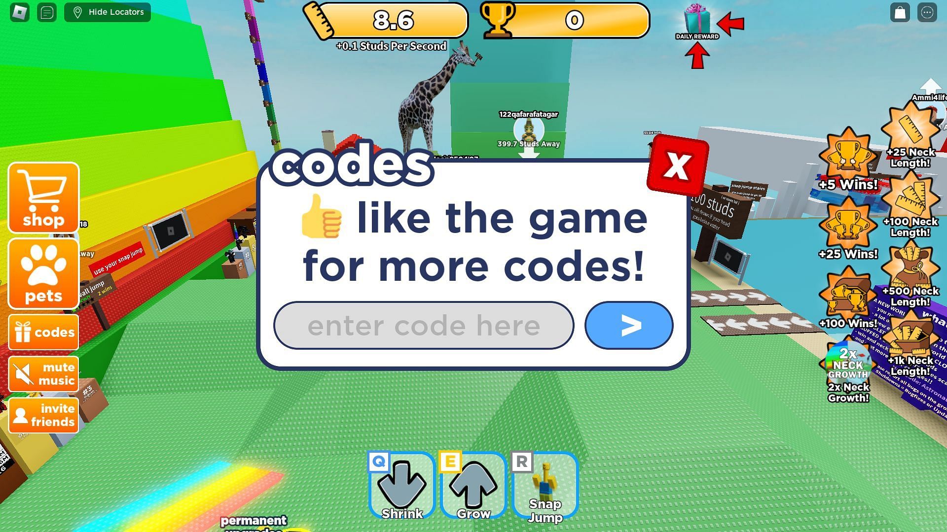 Active codes for Every Second Your Neck Grows (Image via Roblox)